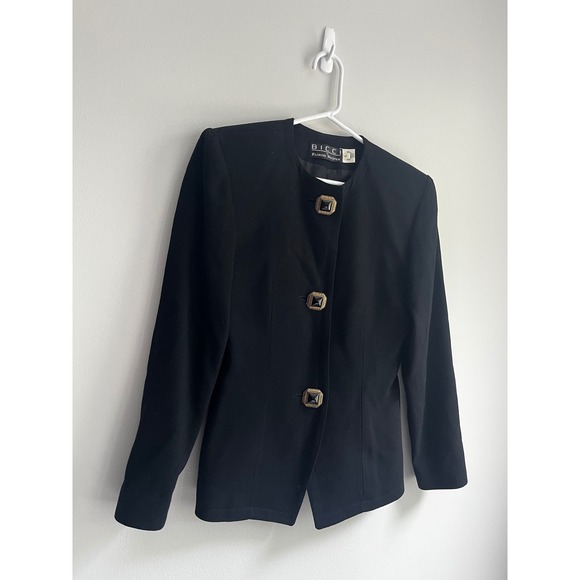 Bicci by Florine Wachter Jackets & Blazers - Bicci by Florine Wachter Black Wool‎ Collarless Blazer Gold Button Vintage Sz 4